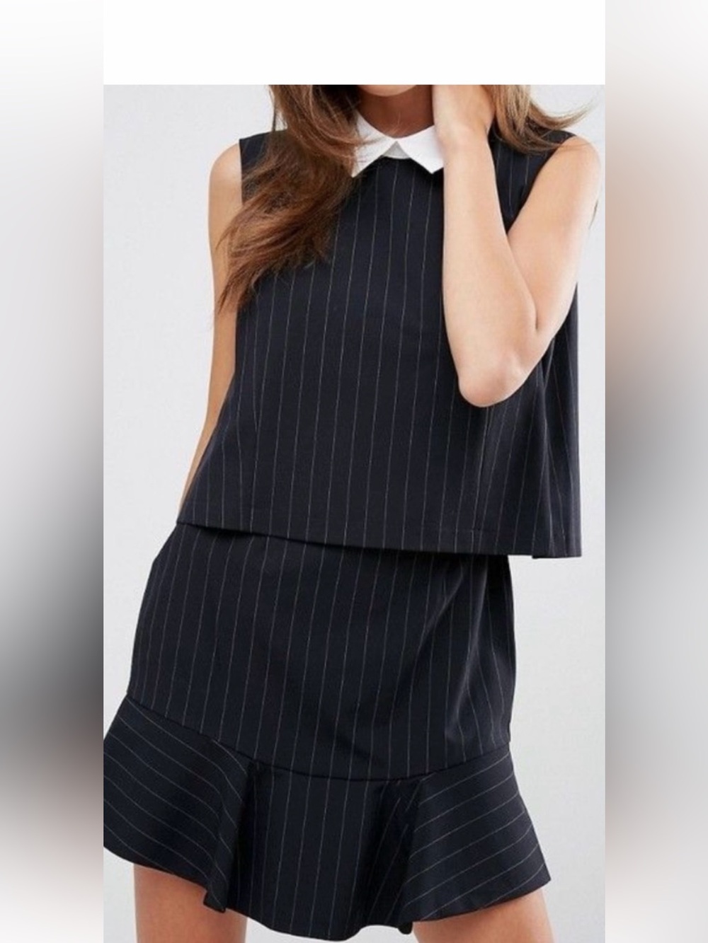 BCBGMaxAzria Black Pinstripe Sleeveless Dress with White Collar